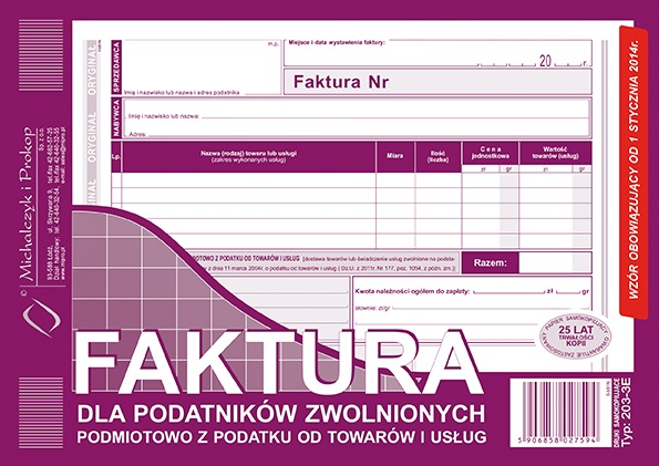 203-3E Faktura dla podatników zwolnionych z VAT A5 :: Master Shop